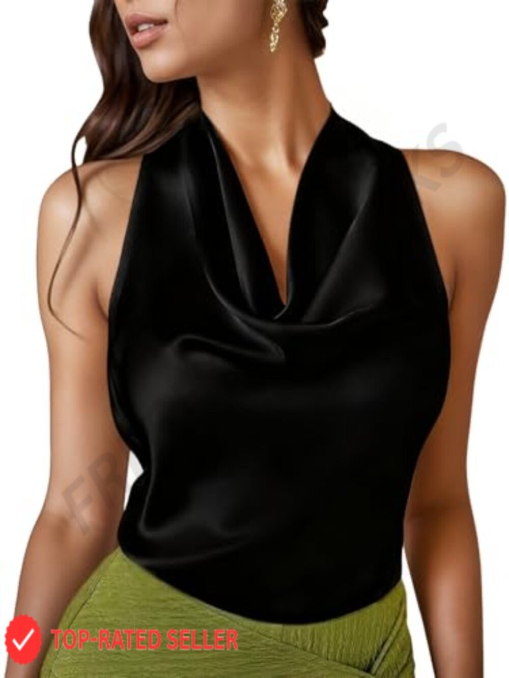 Cowl Neck Halter Tank Top Sleeveless Back Tie Satin Top